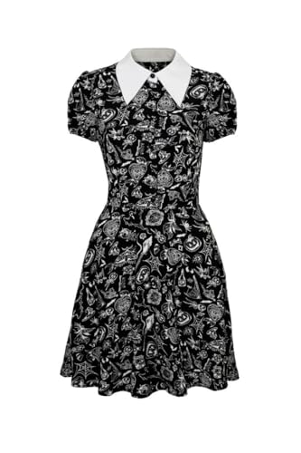 Hell Bunny Robe Courte Mischief, imprimé Halloween Noir, col Blanc, Style Gothique, Noire, Taille M