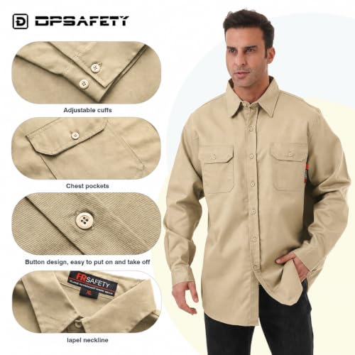 DPSAFETY FR Shirt 7oz Fire Resistant Shirts Men's,CAT2 Welding Shirt 100% Cotton Flame Resistant Shirts Khaki (Medium) by DPSAFETY - Used condition - Image 3