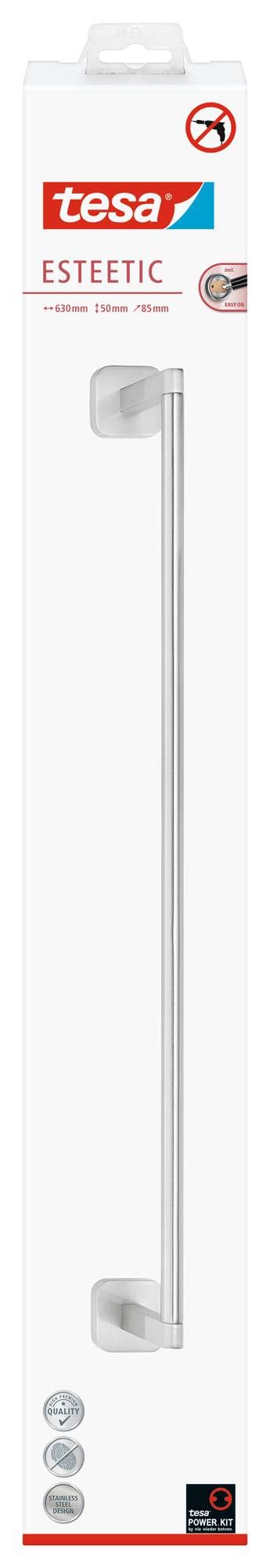 tesa ESTEETIC - Toallero Adhesivo de Barra para Baño - Montaje sin Taladrar - Alta Fuerza de Fijación con Tecnología Power.Kit - 50 x 630 x 85 mm - Acero Inoxidable