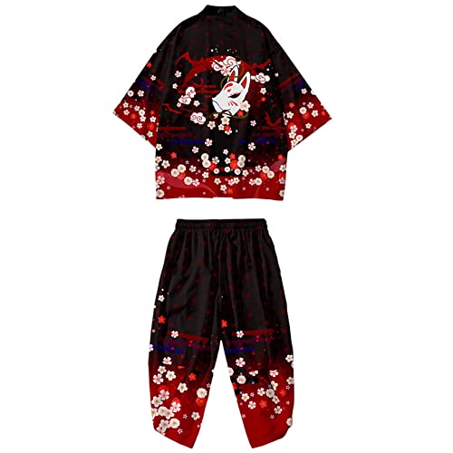 Image of DOSLAVIDA Men's Japanese Kimono Jacket Set Stylish Open Front Coat With Shorts Chinese Style Printed Cardigan Suit