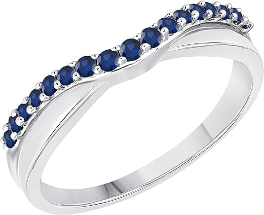 Women's 14k Gold Plated 925 Sterling Silver White/Yellow/Rose/Black 1/4tcw Round Cut Created Blue-Sapphire Curved Wedding Band Ring Size 4-15