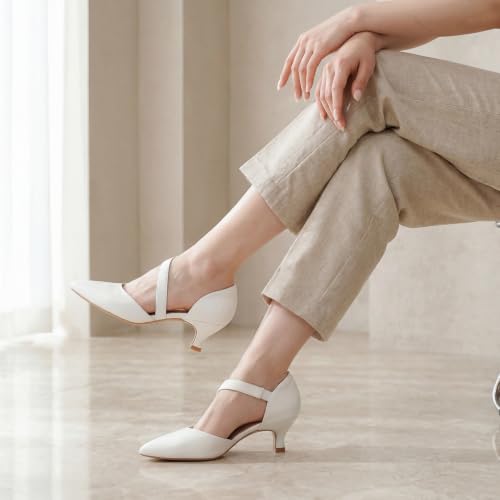 Image of RIBONGZ Kitten Heels for Women Closed Toe Comfortable Low Heels Pointed Toe Sexy Slip on Pumps Bridal Party Dressy Shoes