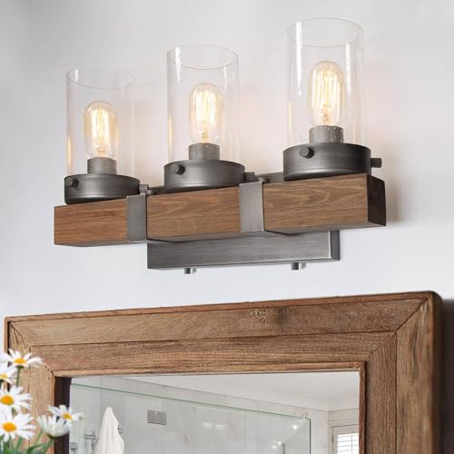LOG BARN Farmhouse Rustic Bathroom Vanity Light, Wall Light Fixture 3 Lights in Wood and...