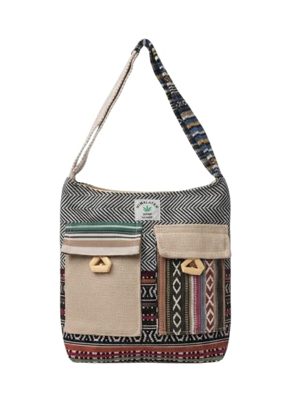 Image of Women Handwoven Ethnic Crossbody Sling Bag with Multi-Color Striped Strap, Bohemian Style, Zipper Pockets, Lightweight Travel Shoulder Bag