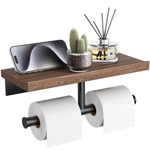 Image of Tindbea Double Toilet Paper Holder with Wood Shelf, Wooden Wall Mount Toilet Paper Roll Holder, Matte Black Stainless Steel Bathroom Toilet Tissue Holder (Walnut)