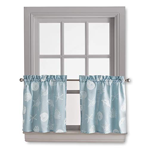 Chf Coastal Seashells Kitchen Curtain Window Tier Pair, Rod Pocket, 27W X 24L Inch, Aqua #TOP1