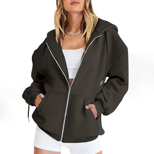 Womens Zip Up Hoodies Oversized Sweatshirts Fall Fashion Outfits Casual Long Sleeve Solid Jackets 2025 Winter Clothes