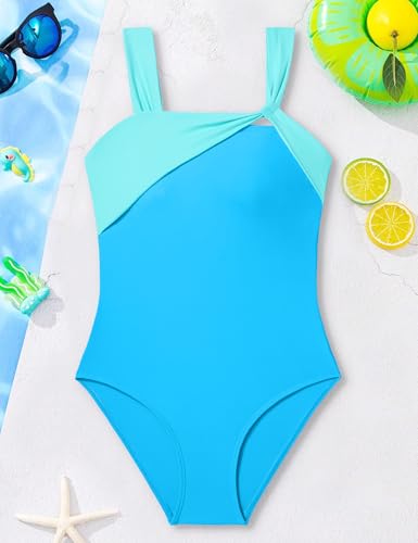 Image of BAVADER Girls Swimsuit One Piece Modest Girls Bathing Suit Solid Square Neck Ruched Adjustable Straps Padded Swimwear 9-16y
