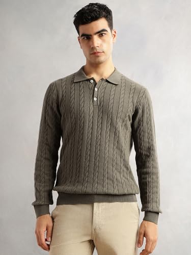 Image of Thomas Scott Men's | Regular Fit | Long Sleeves | Self Design | 100% Cotton | Button Closure | Dry Clean | Polo Collar | Knitted | T-Shirt