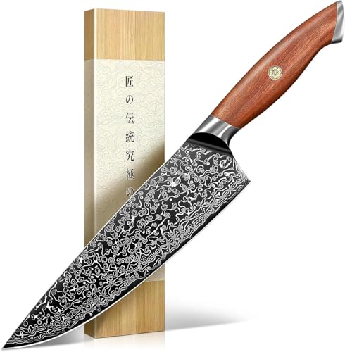 Freelander Damascus Chef Knife 8 Inch, 67-Layer VG10 Core Japanese Steel, Walnut Handle with Mosaic...