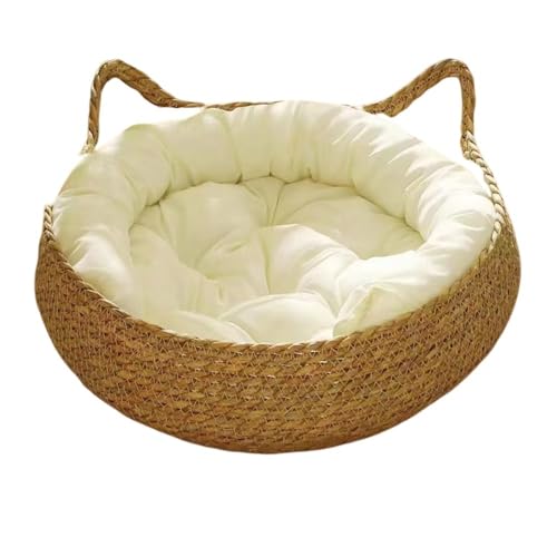 DrivEx ネコベッド 猫の巣かご ペットベッドマット 手編み カゴ バスケット 猫爪とぎ 犬猫兼用 ペット寝具 猫寝床 ペットハウス 夏用 冬用 オールシーズン インテリア (猫耳巣 + 白いマット + 枕,M(38*13CM))