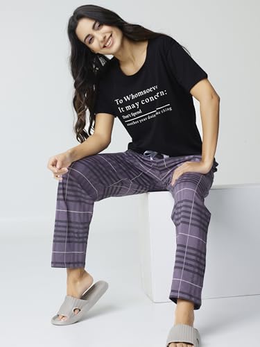 Image of Night Suit for Womens Checks Printed Cotton Night Dress of Top and Pajama Set 9410