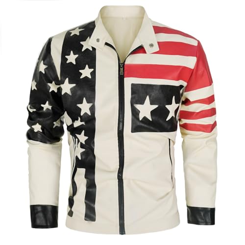 Men's Faux American Flag Leather Jacket Lightweight Casual US Outwear Coat