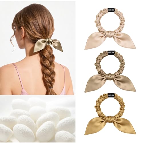 Image of THXSILK 100% Mulberry Silk Bow Scrunchies 3-Pack, 22 Momme Cute Bunny Ear Hair Ties for Women, No Damage Ponytail Holders for Fine Hair, Kawaii Hair Accessories for Girls(Beige, Taupe, Metallic Gold)
