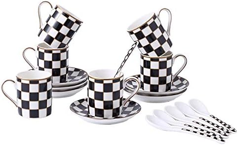Checker 3-ounce Espresso Cups and Saucers Set of 6, Demitasse Cups Set