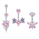 D.Bella Belly Button Rings - 3pcs Set, 14G Surgical Steel, Pink CZ Heart Butterfly