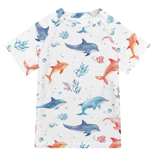 Sweet Dolphin White Girls Bathing Suit Sun Protection Rashguard Girls Swimwears Kids Sports Shirts for Teen Boys 9-10Y
