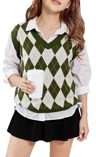 SELINK Boys Girls School Uniform Sweater Vest V Neck Soft Comfy Pullover Trendy Argyle Knitted Waistcoat Vest Green XL