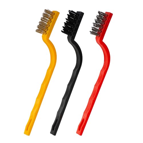 Image of 3 Pcs Wire Brush Set - Wire Brushes for Cleaning Rust, Dirt & Paint - Small Wire Brush of Stainless Steel /Nylon /Brass Bristles - Metal Brush for Cleaning Small Parts and Spaces with Curved Handle