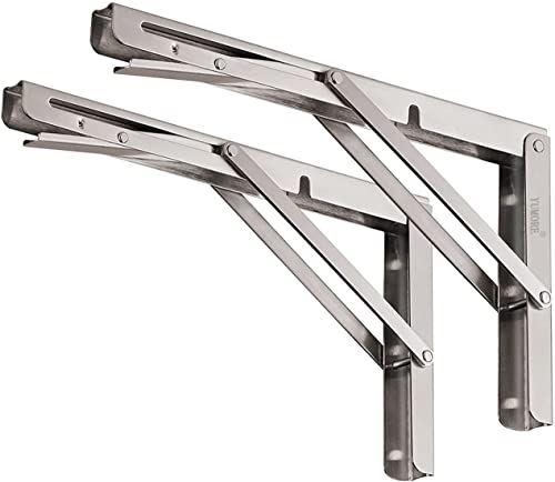 Image of YUMORE Folding Shelf Brackets 8 inch, Max Load: 300lb Heavy Duty Stainless Steel Collapsible Shelf Bracket for Table Work Bench, Space Saving DIY Bracket, Pack of 2