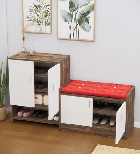 Image of SPECIALITY PANELS Shoe Rack with Cushioned Seating Bench | 2 Door Shoe Cabinet with Storage | Shoe Organizer for Entryway Home Living Room | Combo Set of 2 | DIY Assembly | Walnut and White