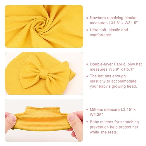 Image of AQOKKA Newborn Receiving Blanket with Bow Hat Mittens Wooden Card Set Newborns Toddler Baby Boy Girl Nursery Swaddle Wrap