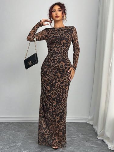 Image of LIGHT DOT Women's Printed Bodycon Maxi Dress Long Sleeve Tie Dye Mesh Ruched Cocktail Dress