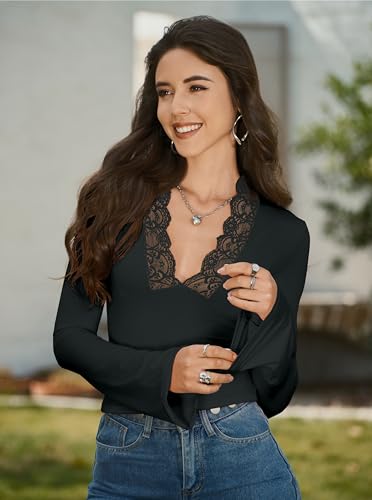 CSDAJIO Women's Lace Deep V Neck Long Sleeve Low Cut Crop Top Slim Fitted T Shirt Fall Going Out Shirts3