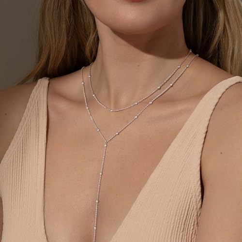 Lariat Gold Necklace for Women, Dainty Long Necklace 14K Gold Plated/Silver Y-Shaped Pendant Necklace Trendy, Beaded Chain Bar Infinity Cross Star Drop Necklaces Simple Jewelry For Women2