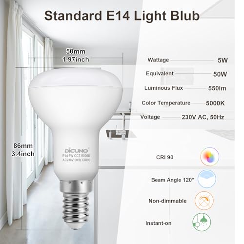 DiCUNO E14 LED Light Bulb, R50 Reflector Bulbs 5W, 550LM, 50W Halogen Equivalent Small E14 Screw Bulb, Daylight White 5000K - Image 3