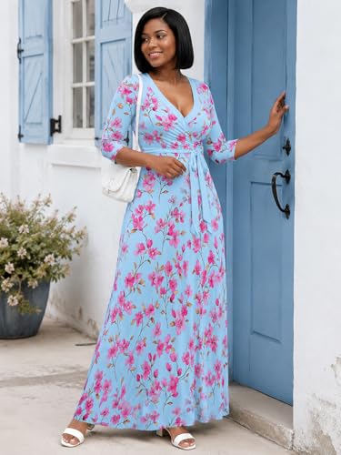 Image of PinkPatty Plus Size Maxi Dresses for Women Casual Flowy Long Dress 3 /4 Sleeve V Neck Wrap Dress with Belt