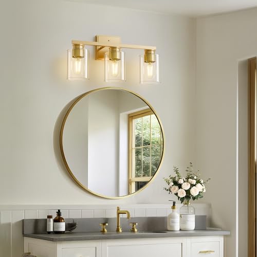 Image of L LOHAS LED 3-Light Bathroom Light Fixtures Over Mirror, 17.7-Inch Gold Bathroom Vanity Light with Clear Glass Shade, Modern Vanity Lights for Bathroom Hallway Living Room Bedroom, E26, UL Listed