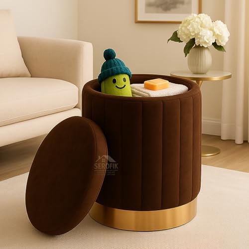 Image of Ottoman Stool with Storage, Round Dutch Velvet Cover Memory Foam Padded 32L Capacity Ottoman Bench Footrest, Pouffe, Office Stool, Makeup Chair, Vanity Chair for Living Room, Bedroom
