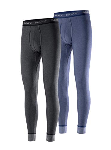 DAVID ARCHY Men's Double Layer Fleece Brushed Thermal Bottoms Ultimate Winter Warm Stripe Pants Long Johns Leggings with Fly 2 Pack (M, Heather Black Stripe/Bice Stripe)