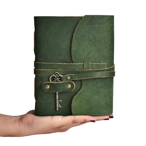 Image of LEATHER VILLAGE Vintage Leather Bound Journal, Junk Journal For Men & Women | Handmade Deckle Edge paper, 200 Blank Pages , Grimoire, Book Of Shadows, Sketchbook, Scrapbook, Leather Journal , Green 8x6