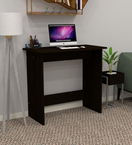 Image of Modern Compact Study Desk, Dark Brown Wood Finish, Space-Saving Home Office Table, 80x40x74 cm, DIY Assembly