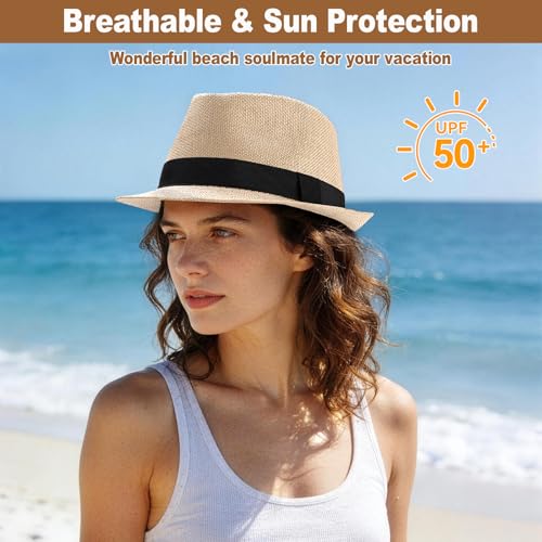 Image of Straw Fedora Hats for Men Women, 1920s Short Brim Trilby Panama Hat Summer Beach Sun Cap
