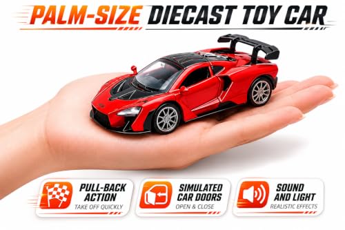 Image of VqueenS McLaren Senna Die Cast Metal Toy Car 1:36 Scale Pull Back Car with Openable Butterfly Doors, LED Lights & Sound Effects, Collectible Sports Racing Car for Kids & Adults (Random Colour)