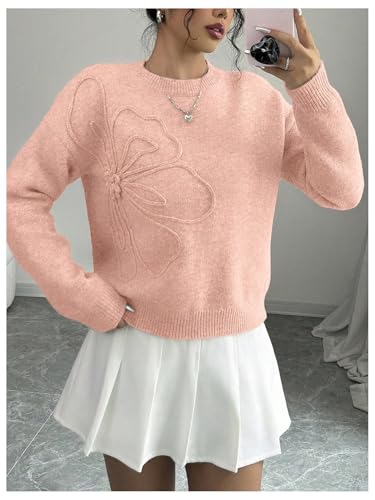 Image of RoseSeek Women's 3D Floral Appliques Crewneck Sweaters Long Sleeve Drop Shoulder Pullovers Elegant Knit Tops