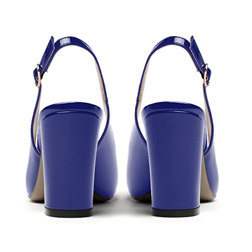 MODENCOCO Women's Solid Round Toe Buckle Patent Slingback Block High Heel Pumps Shoes 3.5 Inch4