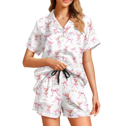 Image of Funny Satin Pajamas Set for Women Button Down Sleepwear Print Pjs Set 2 Piece Short Sleeve Loungewear Gift for Women
