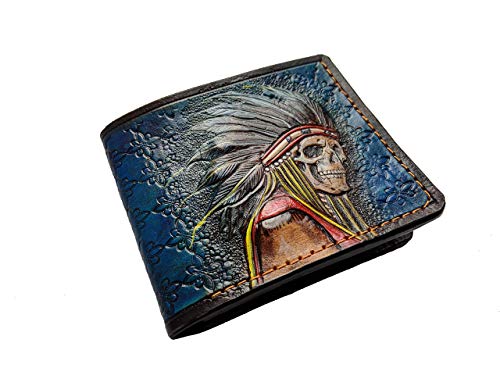 Indian Chief Skull, Native American Patriotic Card Holder, Apache, Headdress, Red Man, Men's 3D Genuine Leather Bifold Wallet, Carved wallet, Tooled wallet, Handmade Custom wallet, Personalized wallet3