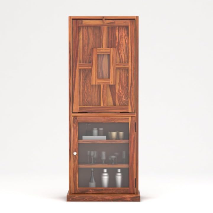 Image of SUNCOM Solid Sheesham Wooden Bar Cabinet for Home - Wooden Wine Rack for Home Bar - Foldable Modern Bar with Shelves & Glass Door Storage (Natural Finish)