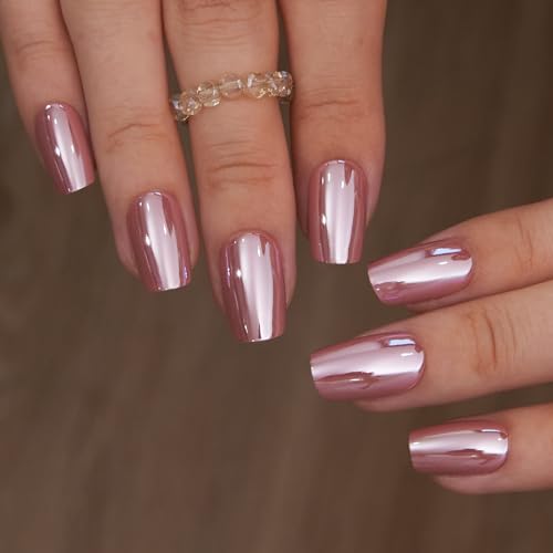 CurvLife Medium Coffin Chrome Press On Nails, Rose Mirror Gold Pink