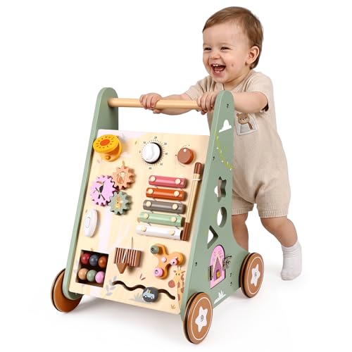 Highbird Lauflernwagen Holz Montessori Lauflernspielzeug Baby Lauflernhilfe Holz mit gummierten Holzrädern für Mädchen & Jungen ab 1 Jahr Motorische Fähigkeiten und Regt die Kreativität an