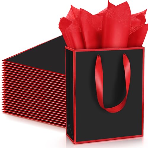 Image of Yeaqee 24 Pack Metallic Paper Gift Bags, Black, Dark Red | with Satin Ribbon Handle and Tissue, 9x7x3.1 Inch, Suit Business, Birthday, Christmas, Thank You Return Gifts Bags