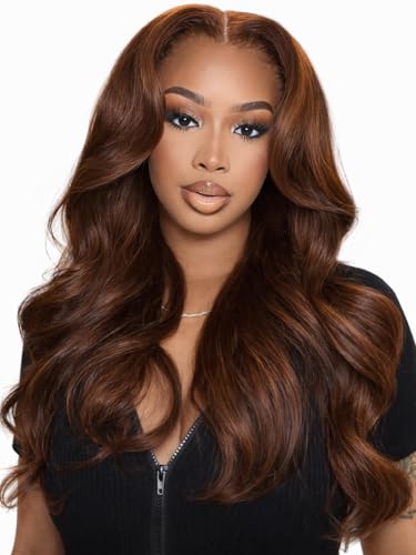 Image of Beauty Forever Pre Everything Medium Chocolate Brown Loose Wave 13x4 Lace Front Human Hair Wig Pre Plucked Pre Cut Face Framing Layers Glueless Drawstring Wear and Go Wigs 150% Density 22inch