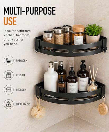 Image of Self Adhesive Bathroom Shelf Organizer | No Drill Wall Mounted Shower Caddy | Waterproof ABS Plastic Storage Rack | Holds up to 10 Kg | Shampoo Soap Toiletries Holder | Pack of 2