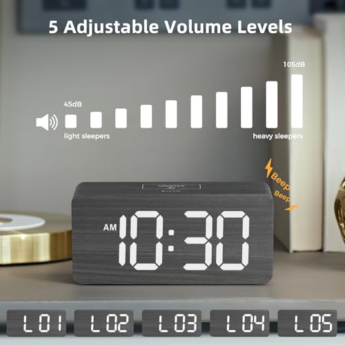 Image of uscce Wooden Digital Alarm Clocks for Bedrooms with 0-100% Dimmable Display | Desk Clock with Large Numbers for Living Room - Loud Dual Alarm for Heavy Sleepers with Volume Control - Wood Decor & Gifts
