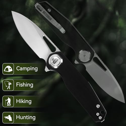 Image of Pocket Folding Knife,3.15 inch D2 Steel Blade,Black G10 Handle,Push Button Lever Lock,Pocket Knife with Pocket Clip for Outdoor,Survival,EDC